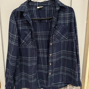 Navy Blue Plaid Button-Up Shirt